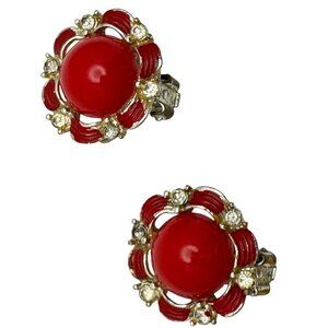 Vintage Gold-Tone Tomato Red Lucite & Clear Rhinestone Clip-On Earrings